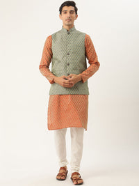 SOJANYA Men Orange Ethnic Motifs Jacquard Silk Kurta with Churidar & Nehru Jacket