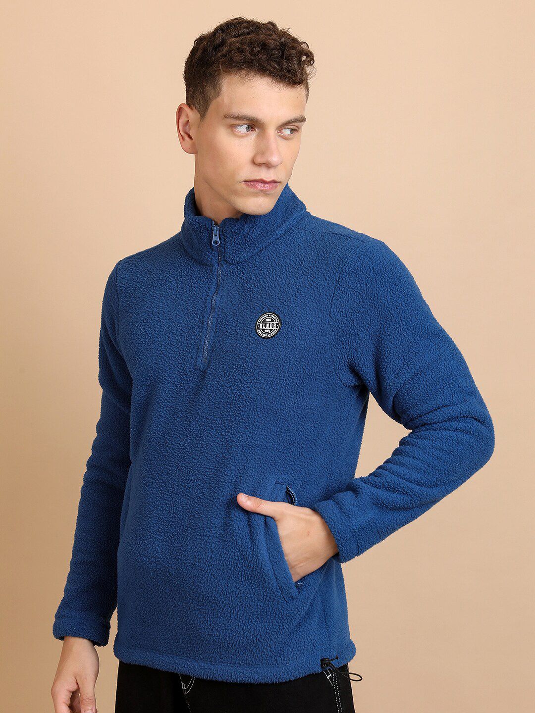 HIGHLANDER Blue Self Design Mock Collar Half Zipper Sweatshirt