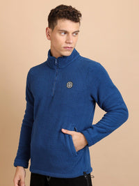 HIGHLANDER Blue Self Design Mock Collar Half Zipper Sweatshirt