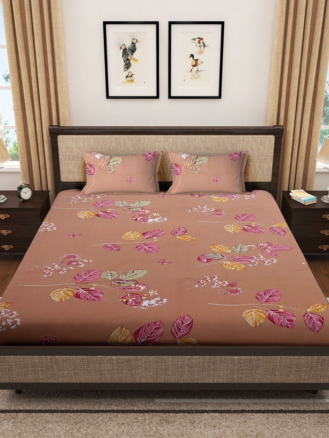 KLOTTHE Brown & Pink Floral Printed 400 TC Cotton Fitted Double King Bedsheets Set