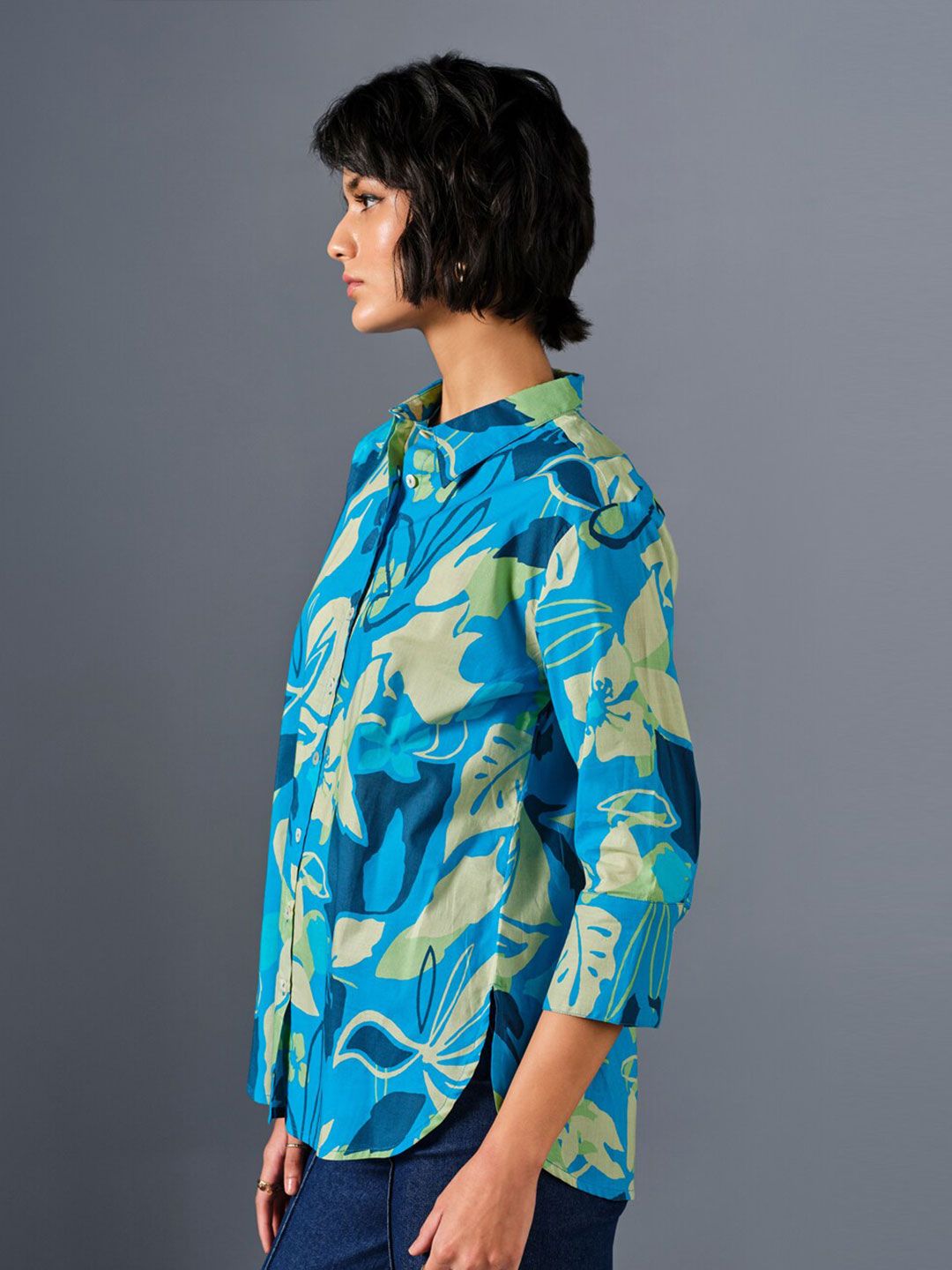 AND Floral Printed Shirt Collar Cuffed Sleeves Pure Cotton Shirt Style Top