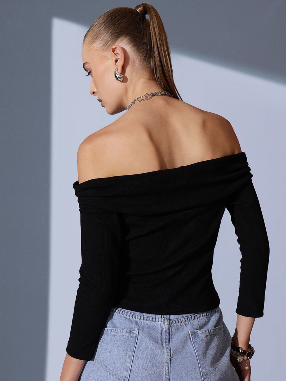 STREET 9 Off-Shoulder Solid Pure Cotton Bardot Top