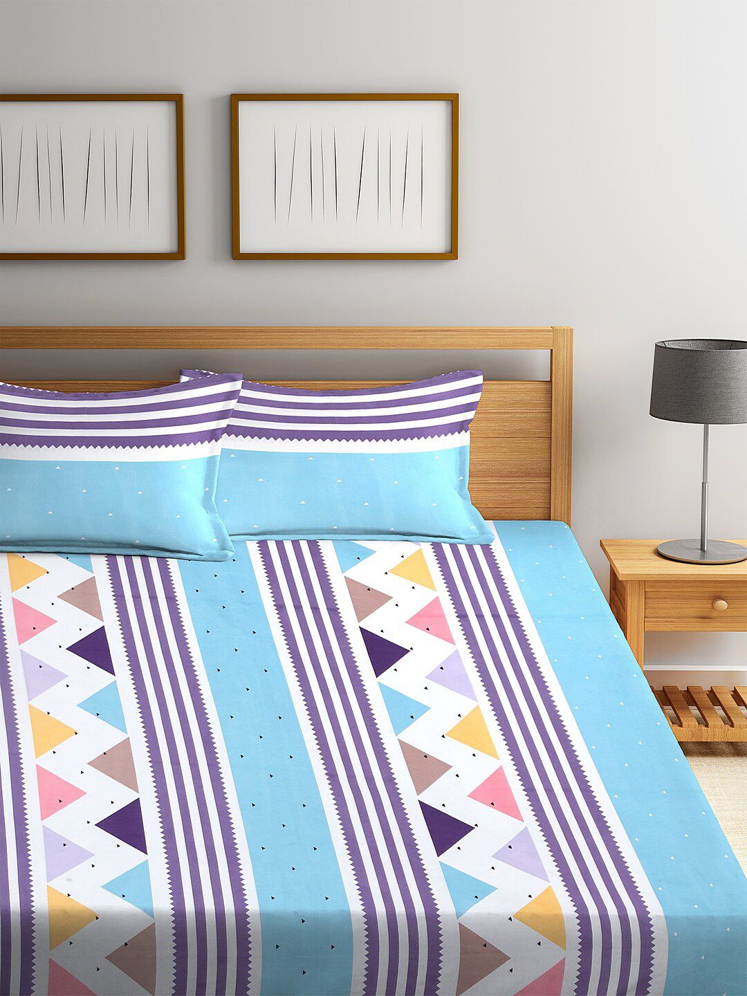 KLOTTHE Blue & Purple Printed 300 TC Double King Bedsheet With 2 Pillow Covers