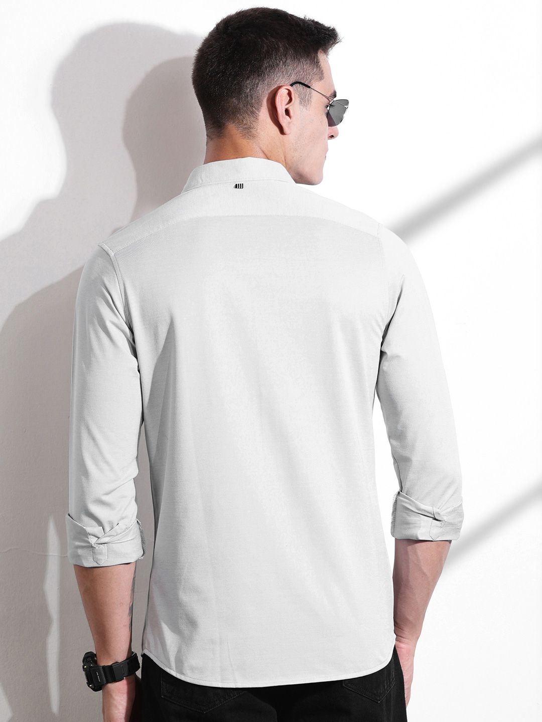 Thomas Scott Men Classic Slim Fit Spread Collar Solid Cotton Knitted Shirt