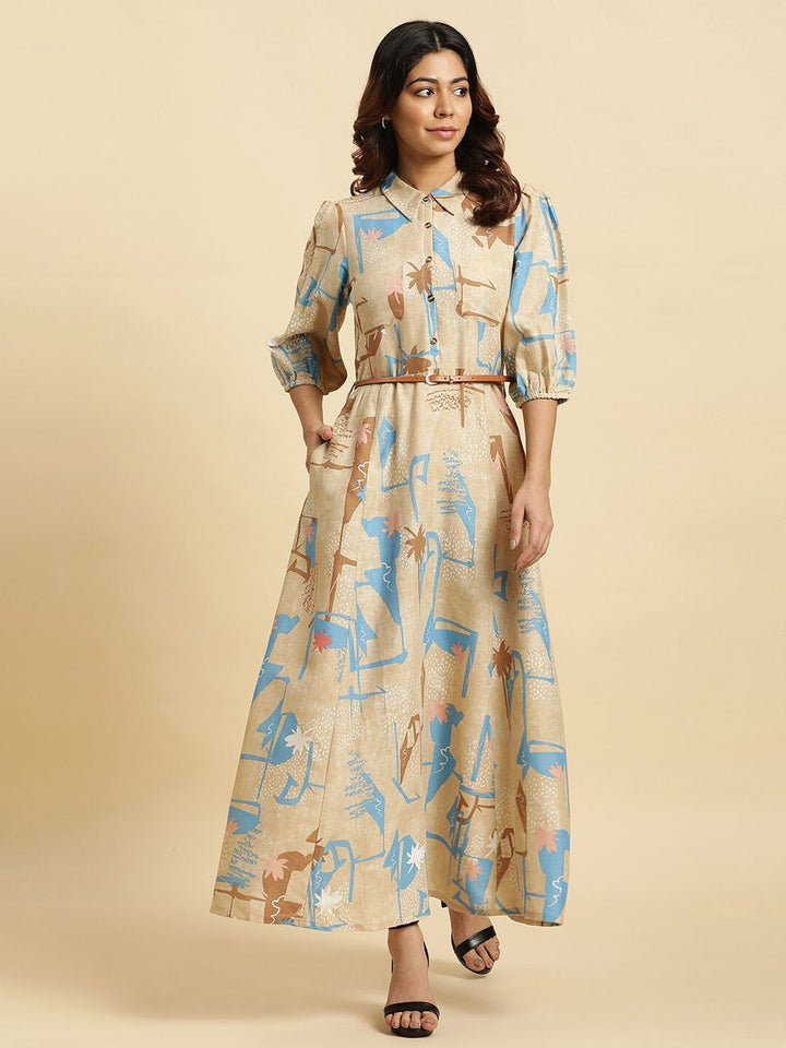 W Abstract Printed Belted Detailed Shirt Collar Puff Sleeves A-Line Maxi Dress
