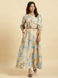 W Abstract Printed Belted Detailed Shirt Collar Puff Sleeves A-Line Maxi Dress