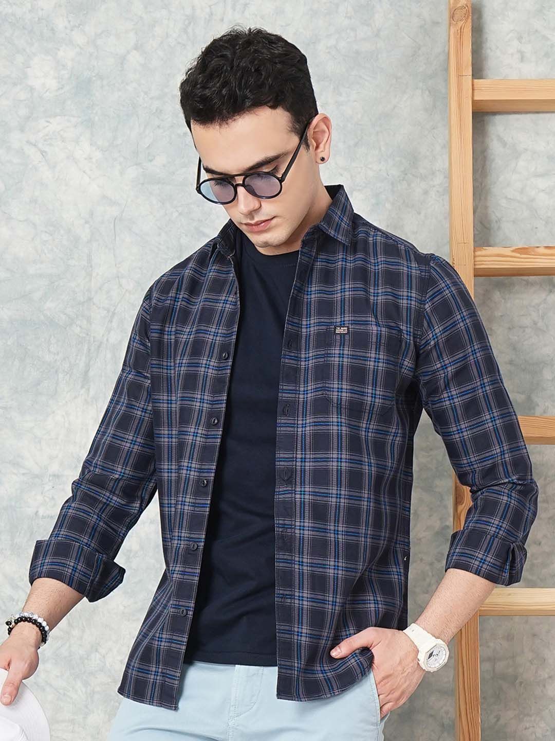 The Indian Garage Co Men Navy Blue Slim Fit Tartan Checks Casual Shirt