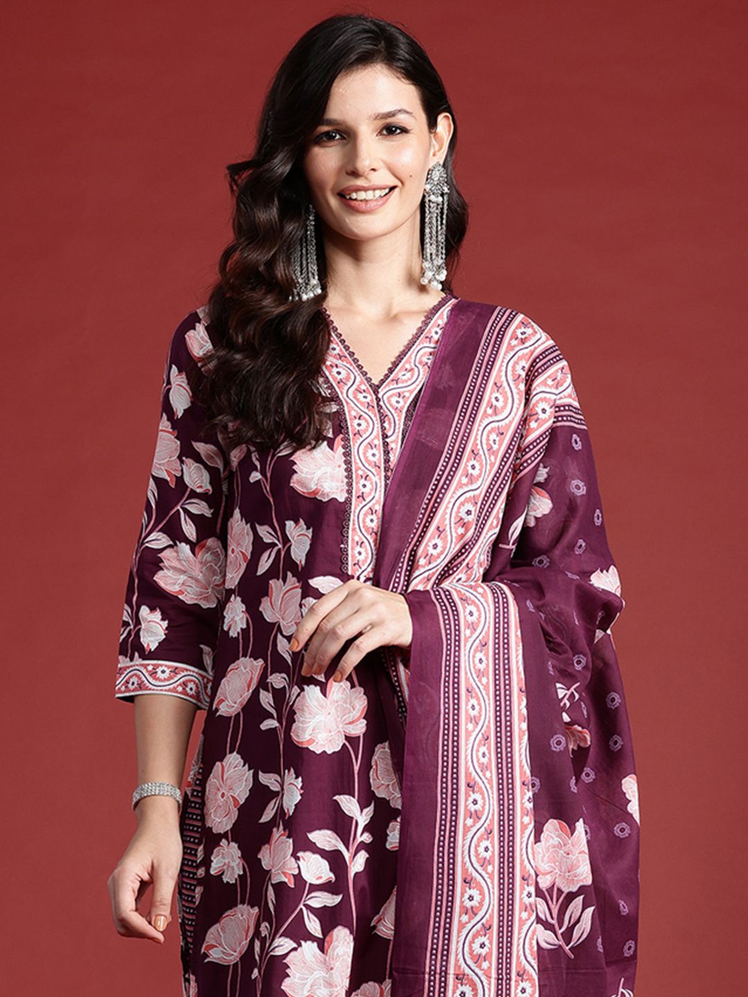 Indo Era Floral Printed Pure Cotton Kurta With Trousers & Dupatta