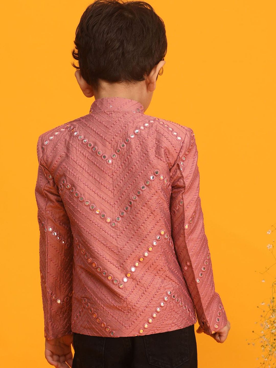 VASTRAMAY Boys Mirror Work Embroidered Slim-Fit Bandhgala Ethnic Blazer