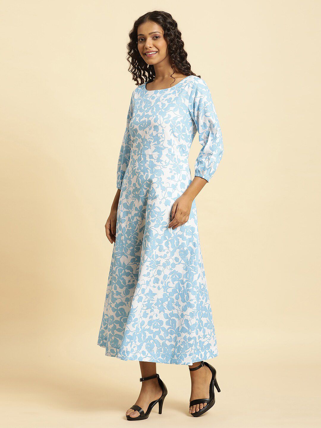 W Floral Printed Cotton A Line Midi Dress