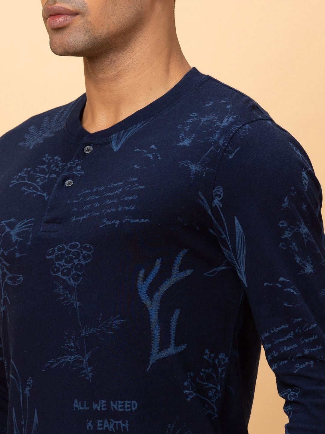 Being Human Pure Cotton Printed Henley Neck Raw Edge T-shirt