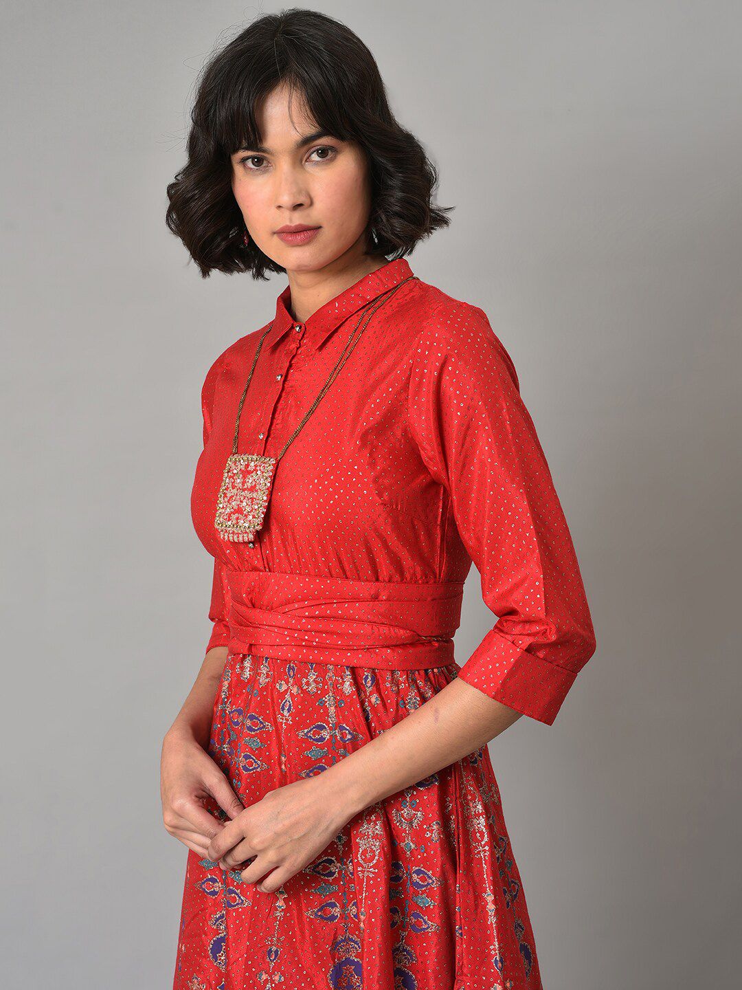 W Ethnic Motifs Printed Shirt Collar Maxi Dress