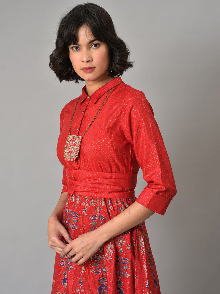 W Ethnic Motifs Printed Shirt Collar Maxi Dress
