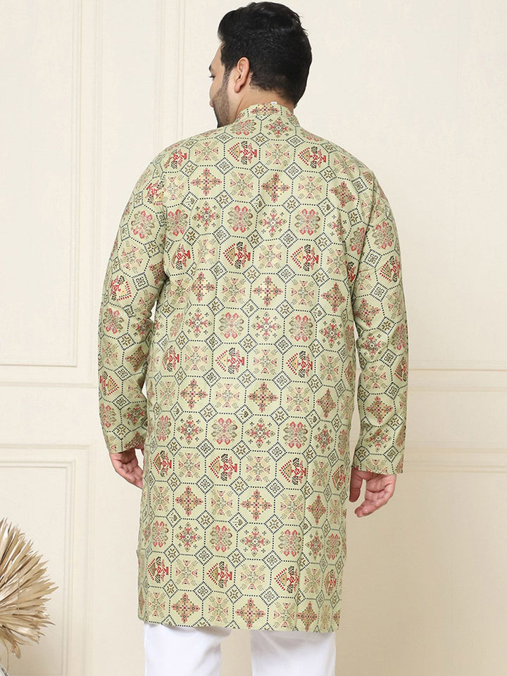 SOJANYA PLUS Ethnic Motifs Printed Band Collar Straight Cotton Linen Kurta