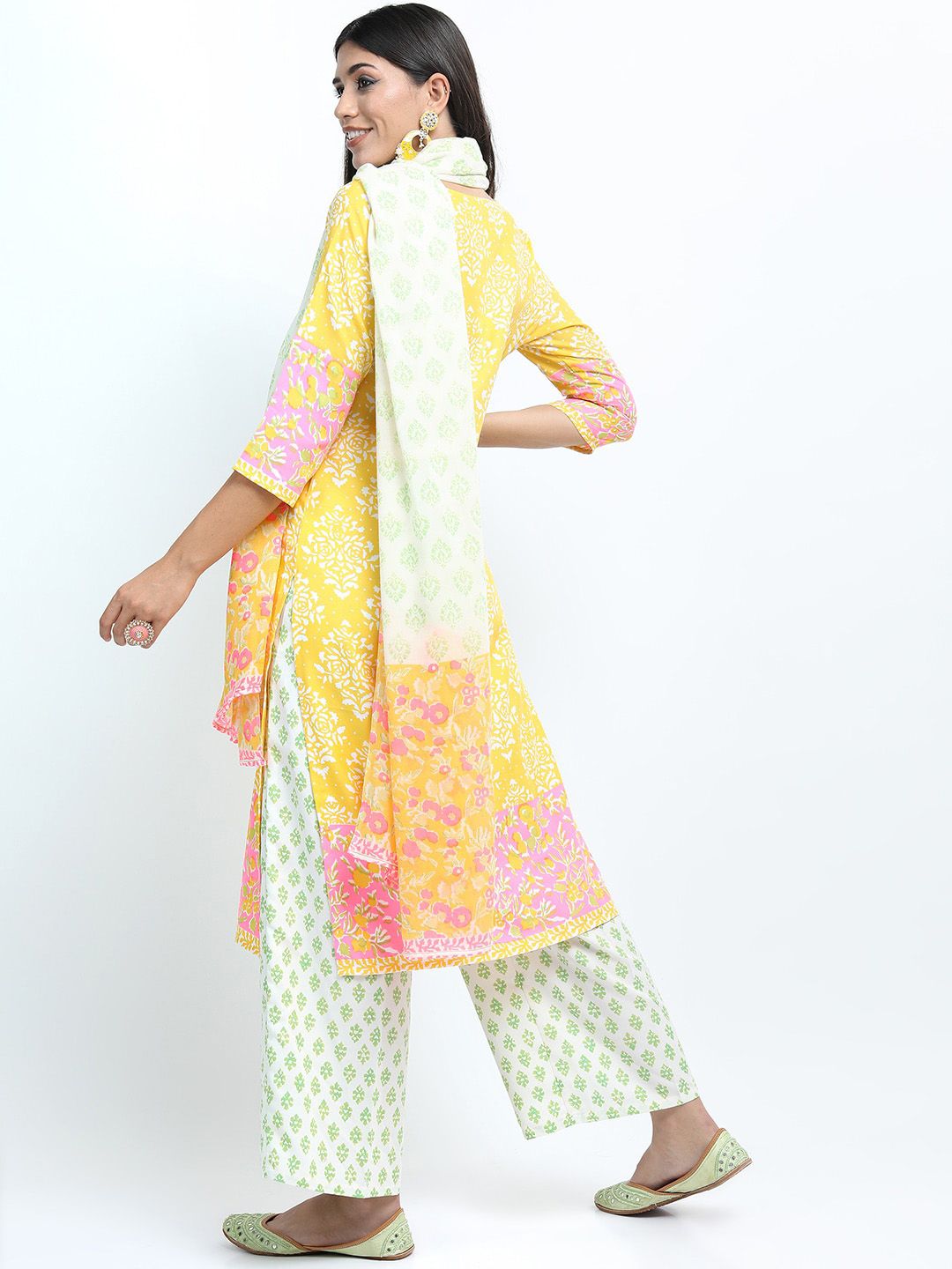 Vishudh Women Yellow Floral Printed Straight Kurti with Trousers & Dupatta