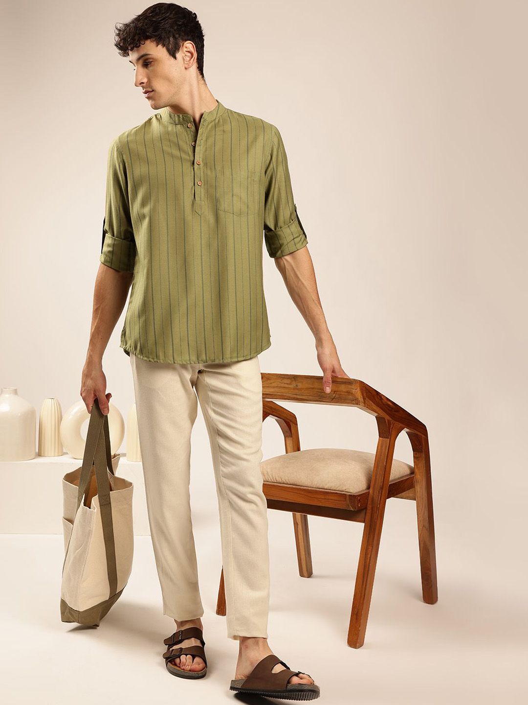 Anouk Striped Mandarin Collar Roll-Up Sleeves Short Kurta