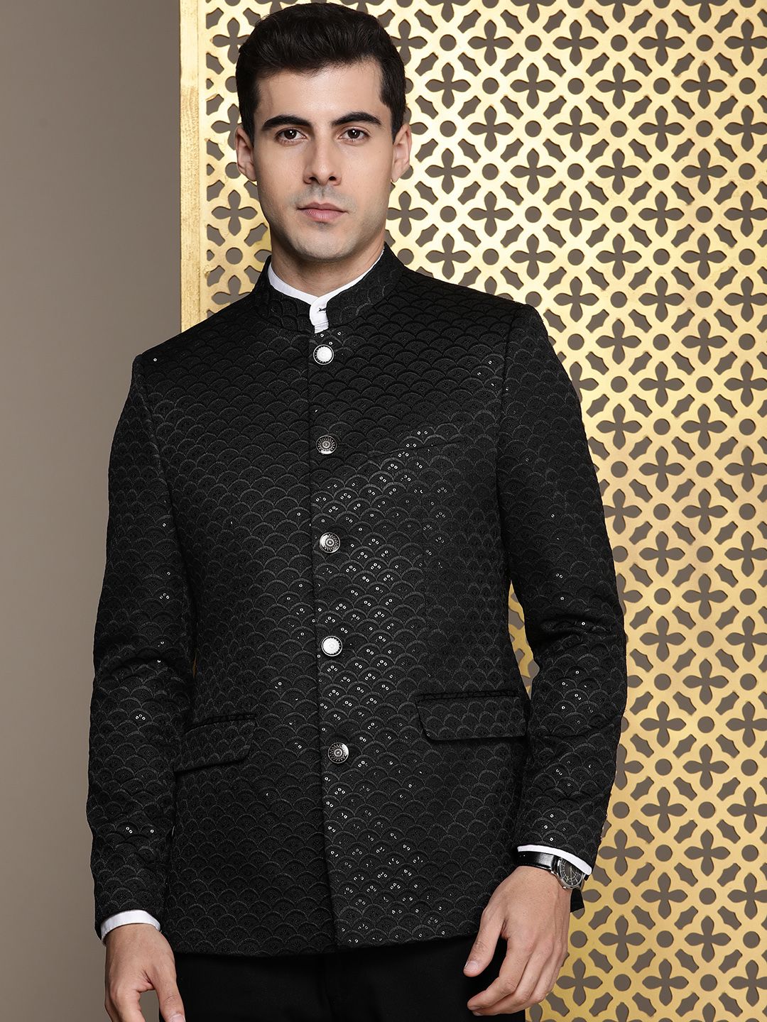 House of Pataudi Self Design Sequinned Mandarin Collar Bandhgala Jashn Blazers