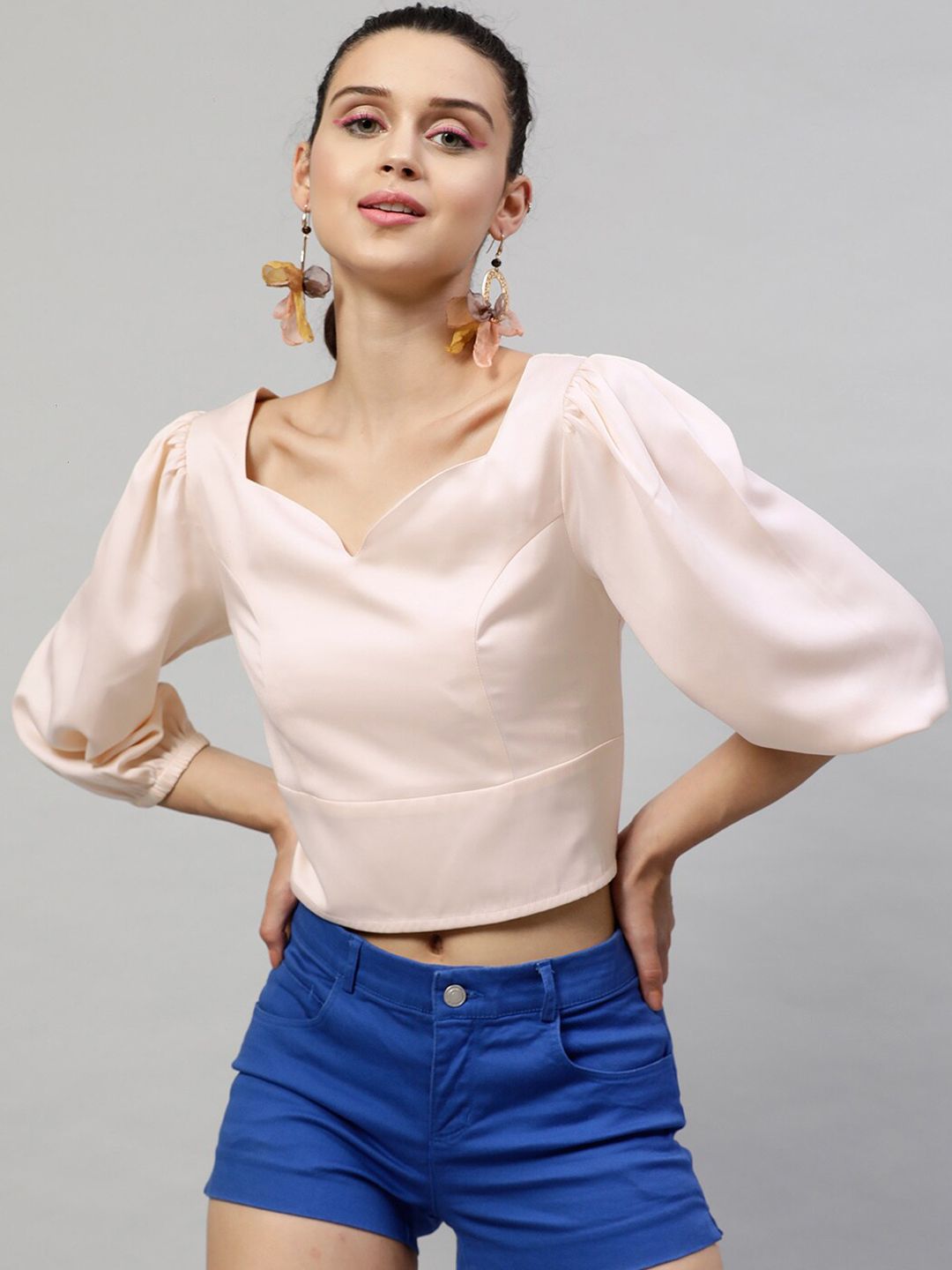 Street 9 Peach Puff Sleeves Regular Crop Top