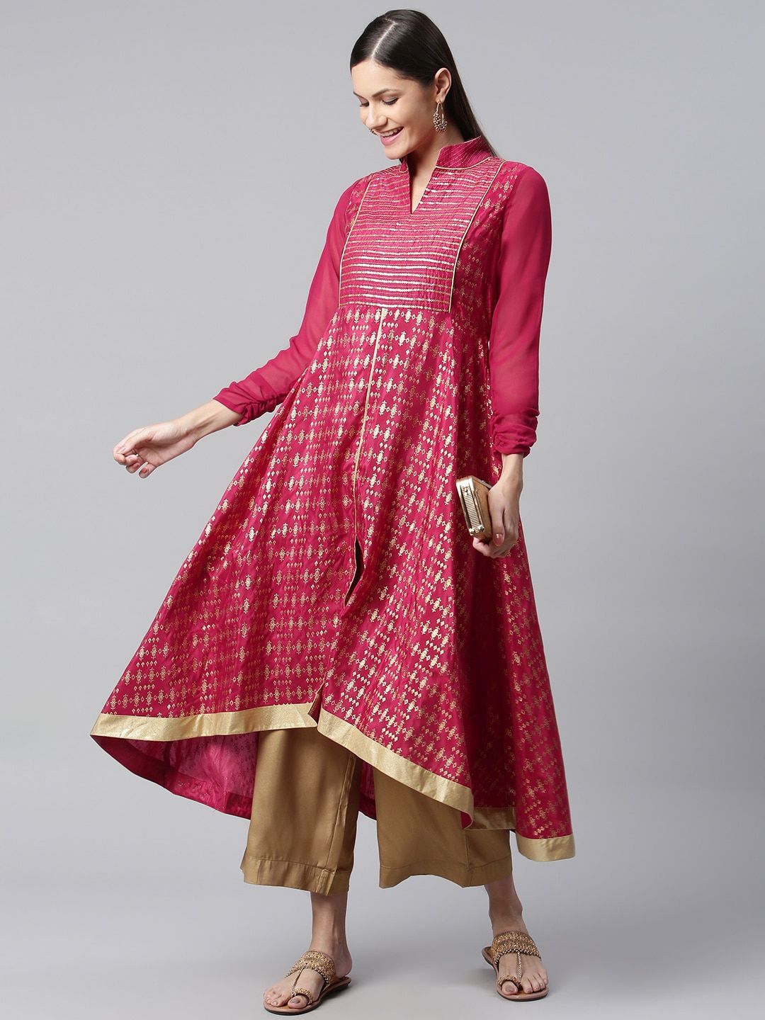 AURELIA Women Pink & Gold-Toned Ethnic Motifs Printed Kurta