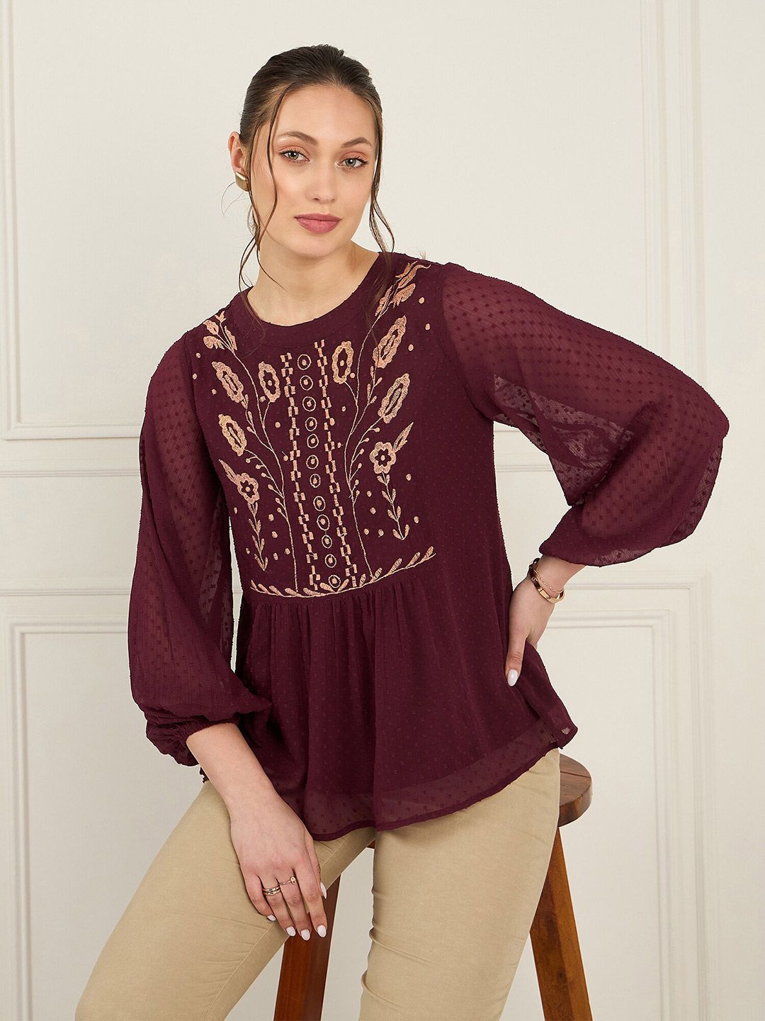 Antheaa Self Designed Mandarin Collar Embroidered Chiffon Top
