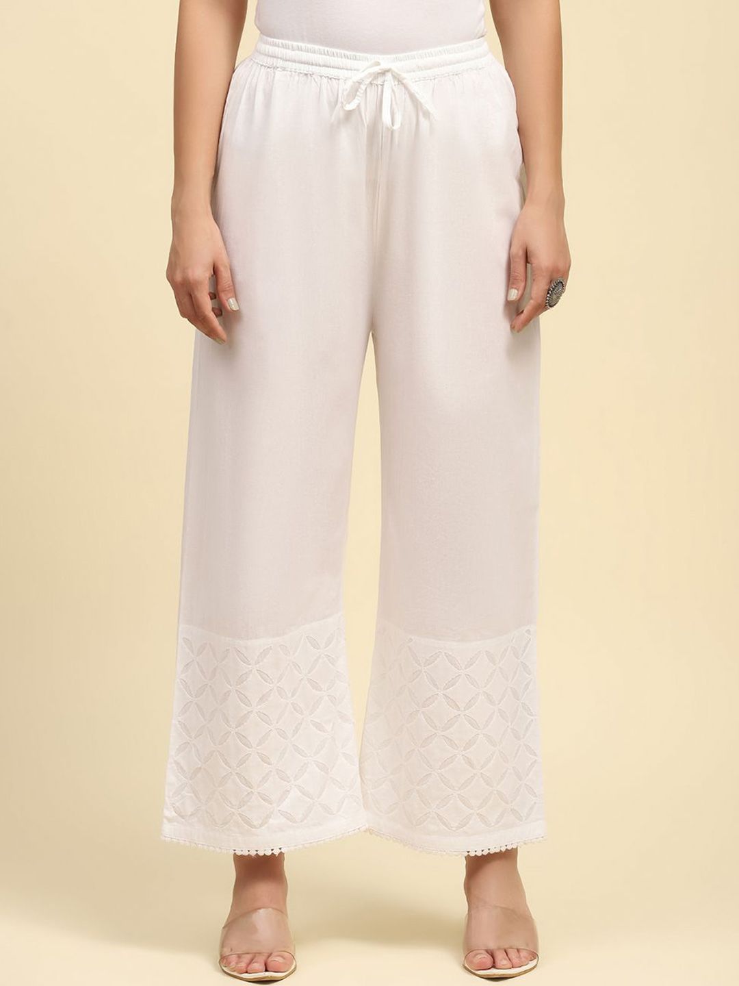 House of Chikankari Women White Cotton Chikankari Embroidered Palazzo