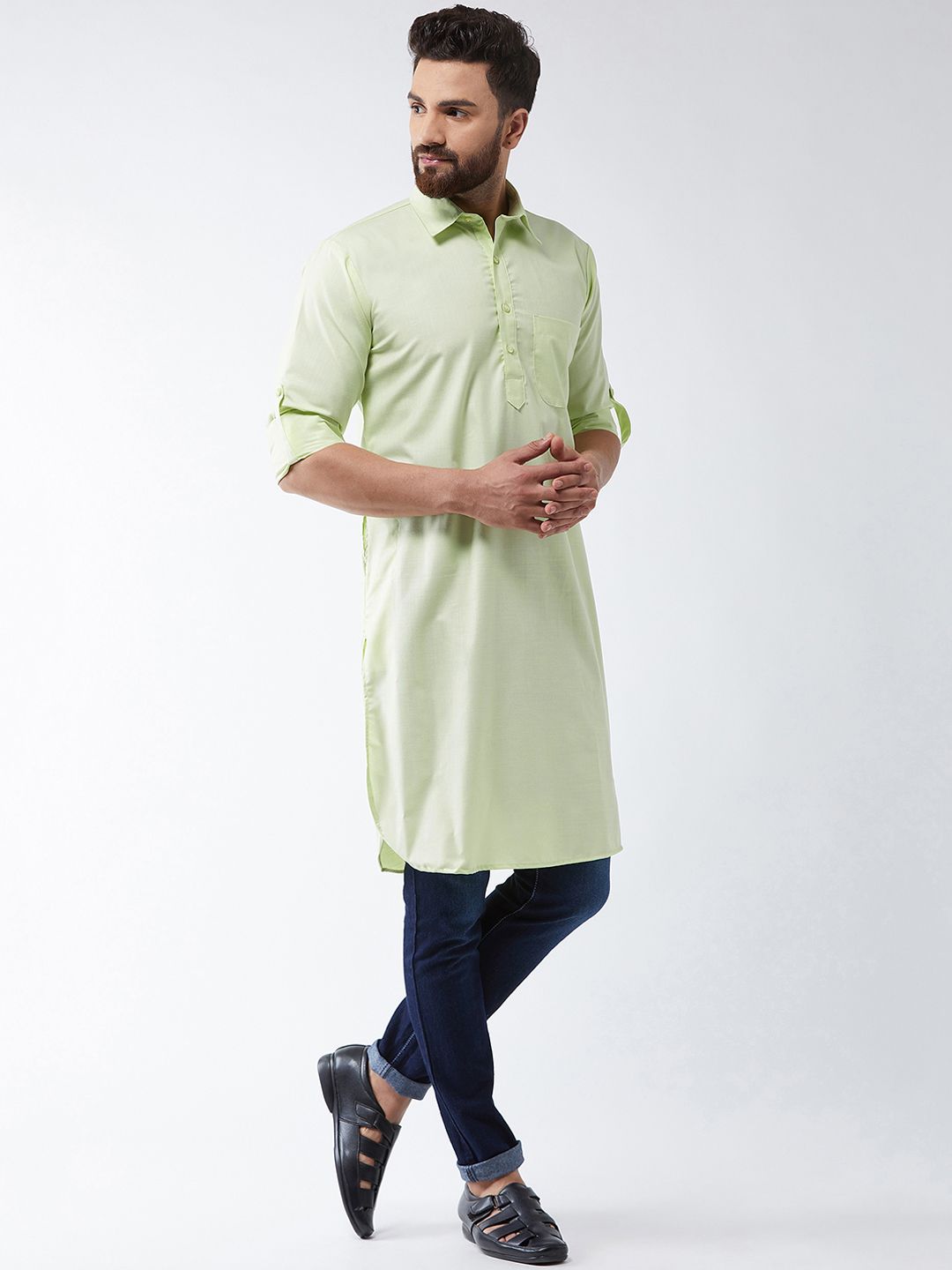 SOJANYA Men Green Solid Straight Kurta