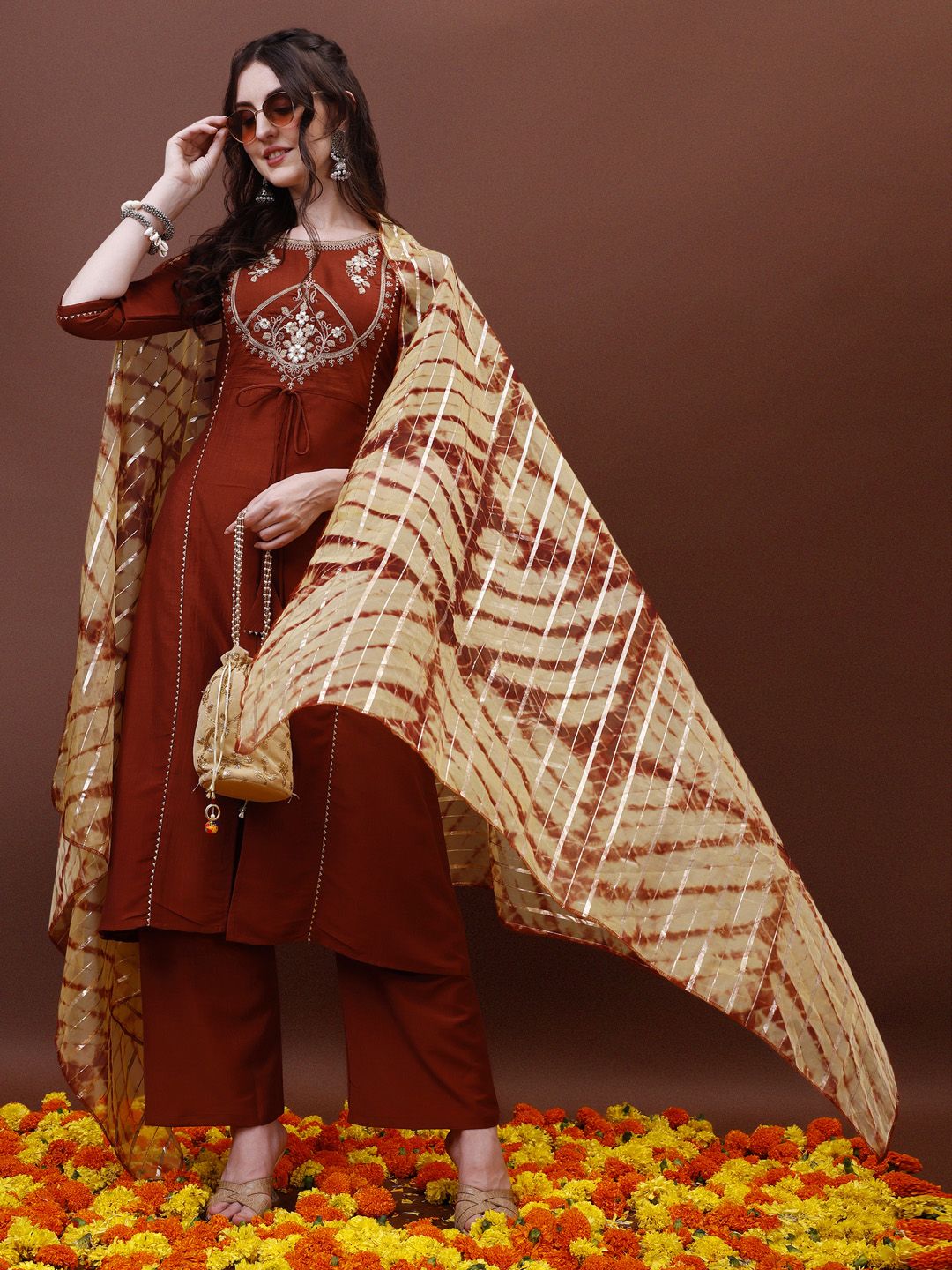 KALINI Yoke Design Regular Gotta Patti Kurta with Palazzos & Dupatta