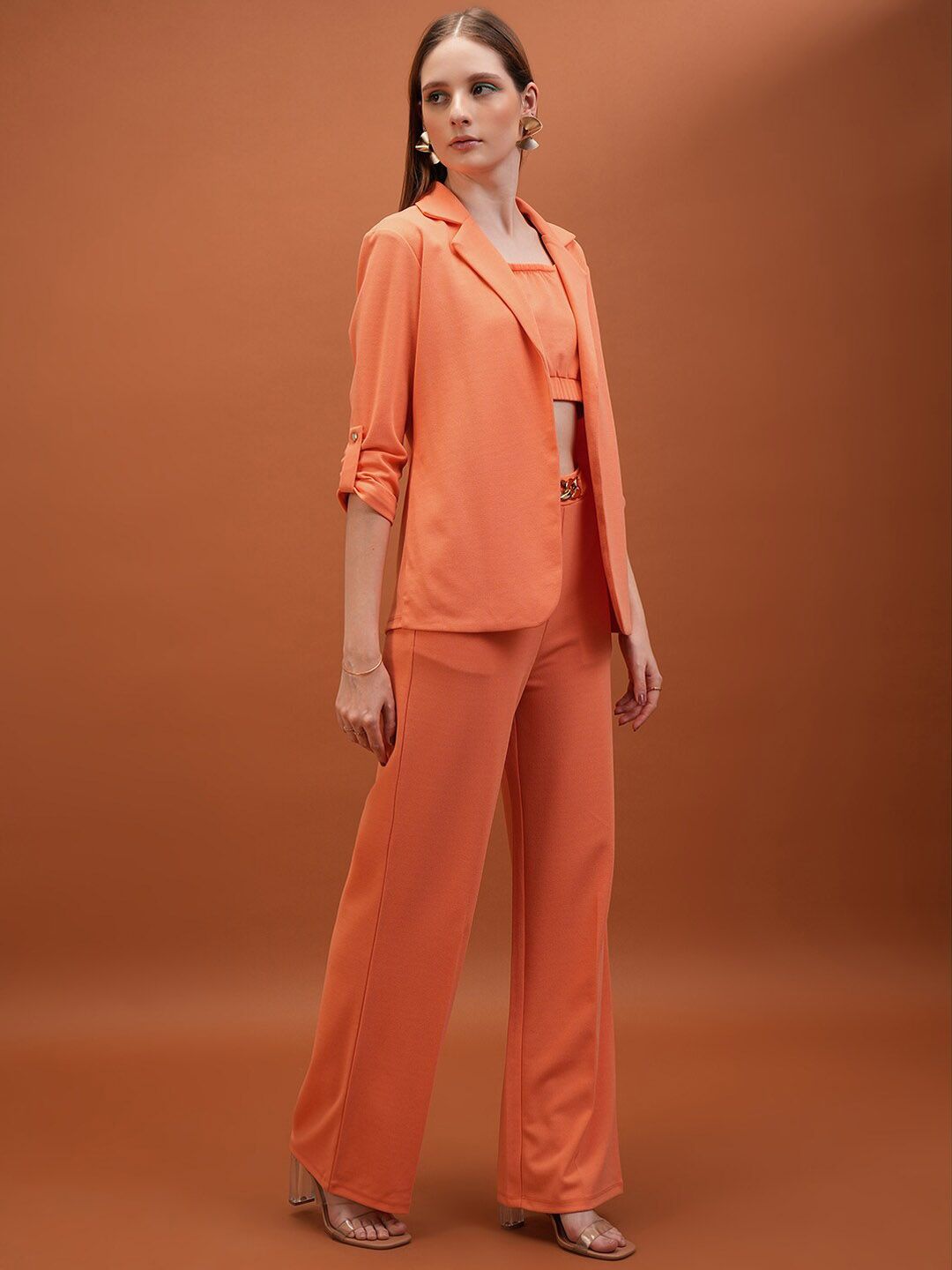 Tokyo Talkies Orange Coloured Square Neck Top Blazer & Trousers Co-Ords
