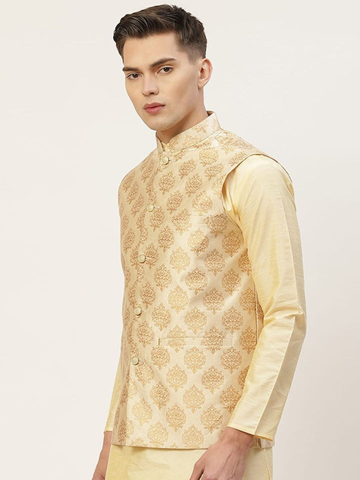 Jompers Cream Ethnic Motifs Printed Regular Fit Silk Blend Nehru Jacket