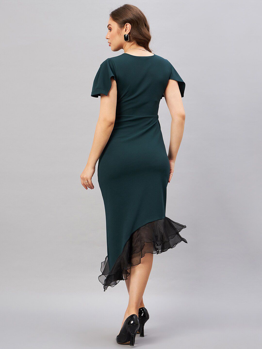Antheaa Green Flared Sleeve Ruffled Bodycon Midi Dress