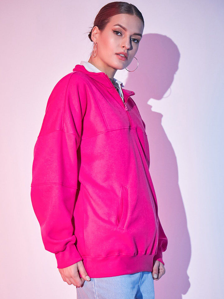 STREET 9 Fuchsia Typography Printed Mock Collar Pullover Fleece Sweatshirt