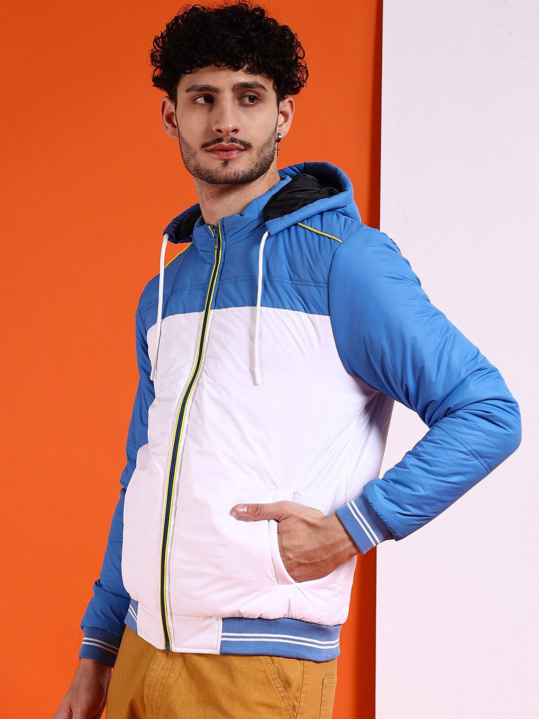The Indian Garage Co White Colourblocked Hooded Padded Jacket