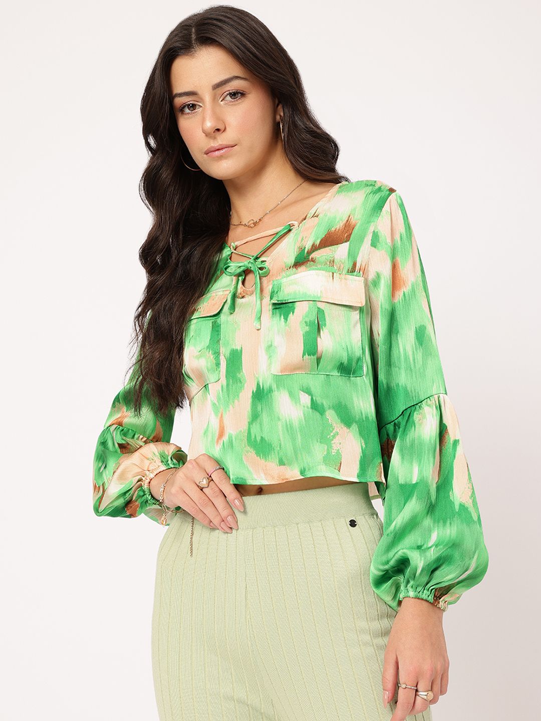 DressBerry Modern Muse Printed Lace-Up Flap Pocketed Satin Top
