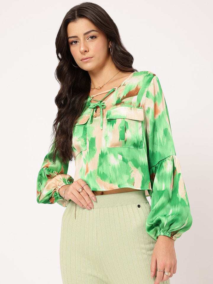DressBerry Modern Muse Printed Lace-Up Flap Pocketed Satin Top