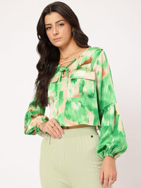DressBerry Modern Muse Printed Lace-Up Flap Pocketed Satin Top