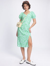 DressBerry Floral Muse Sweetheart Neck Ruched Front Slit Detail Sheath Midi Dress