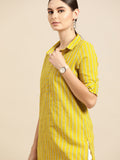 Anouk Women Lime Green & Teal Blue Striped Pure Cotton Straight Kurta