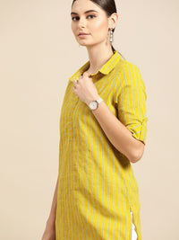 Anouk Women Lime Green & Teal Blue Striped Pure Cotton Straight Kurta