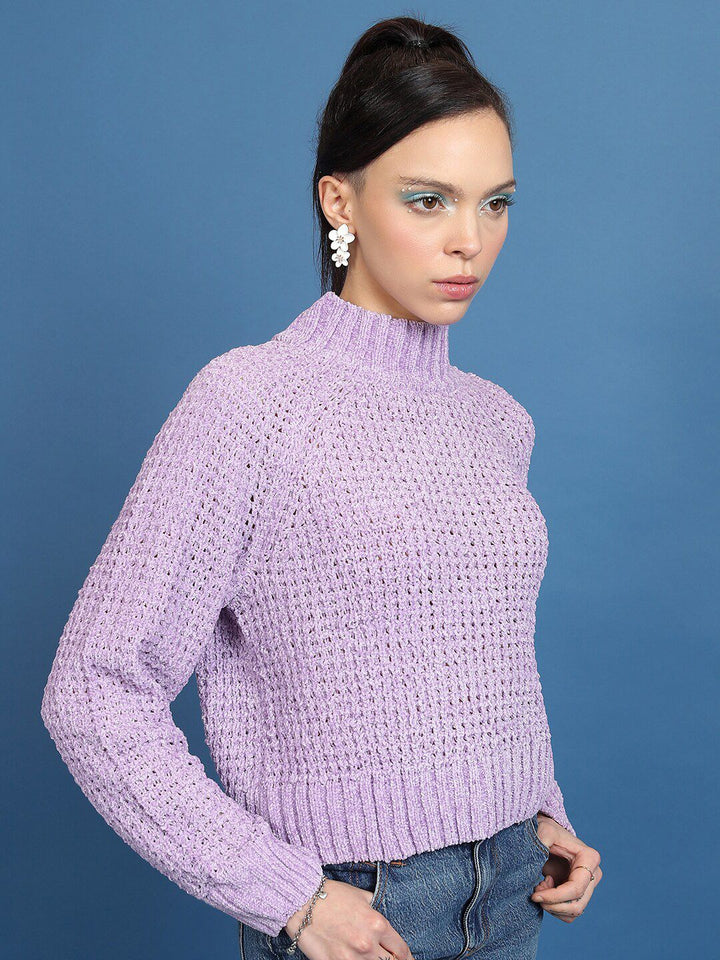 Tokyo Talkies Lavender Open Knit Turtle Neck Crop Acrylic Pullover Sweater