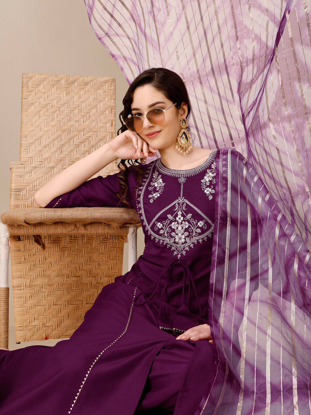 KALINI Floral Yoke Design A-Line Kurta With Palazzos & Dupatta