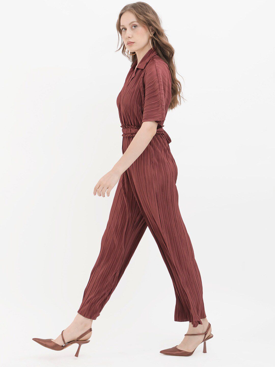 RAREISM Striped Notched Lapel Collar Basic Jumpsuit