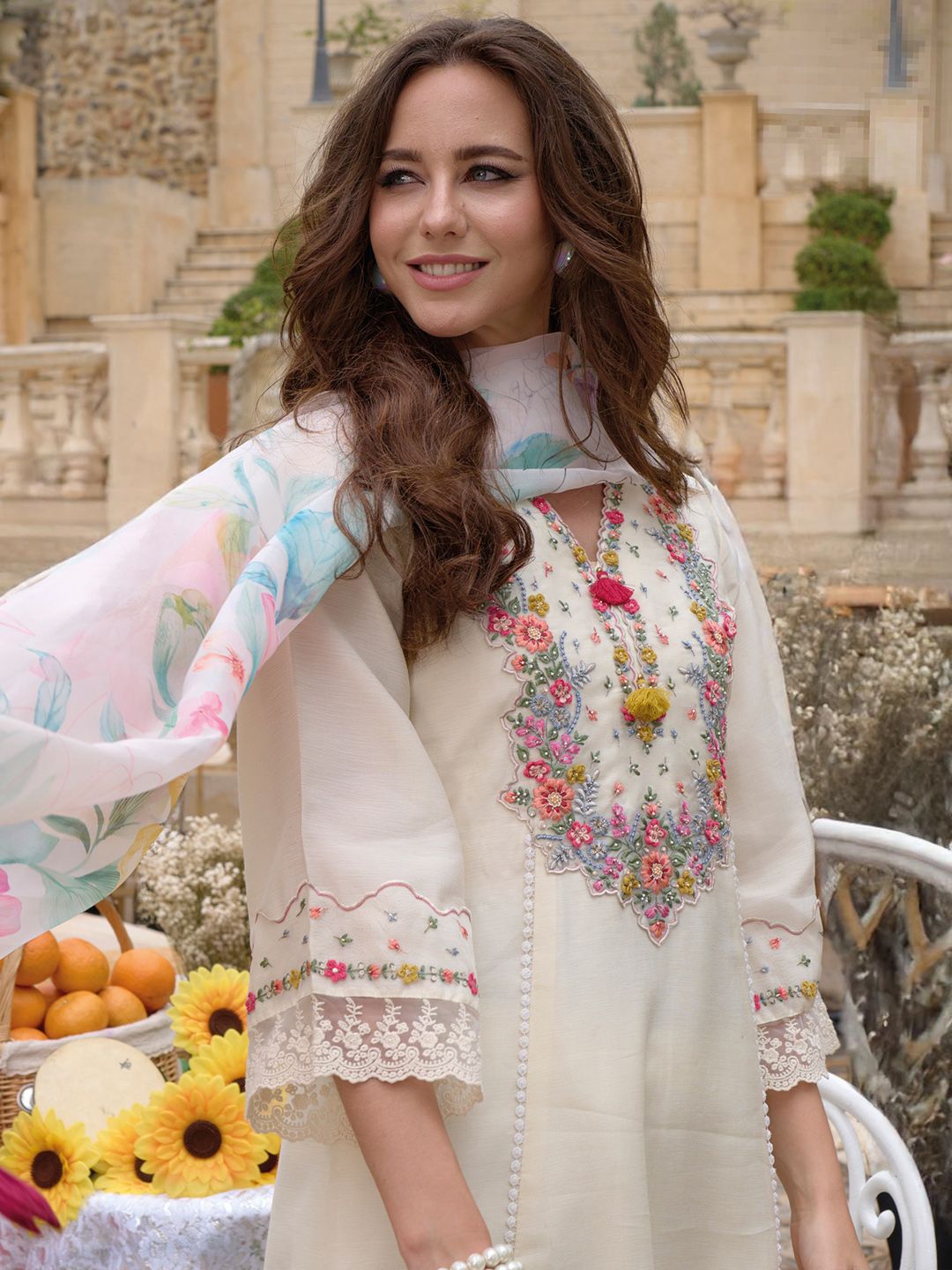 Indo Era Floral Embroidered Kurta With Trousers & Dupatta