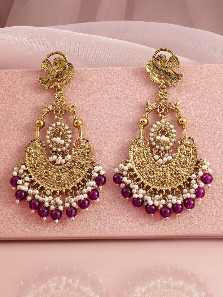 Rubans 18K Gold-Plated Big Chandbali Earrings with Deep Magenta Beads and Pearl Accents