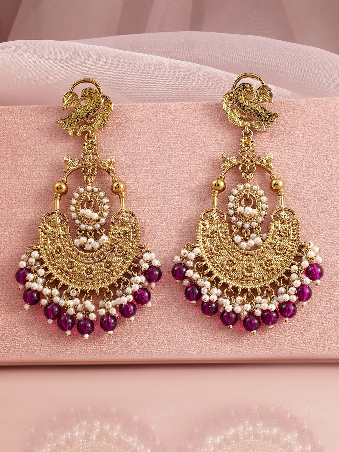 Rubans 18K Gold-Plated Big Chandbali Earrings with Deep Magenta Beads and Pearl Accents