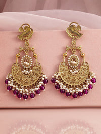Rubans 18K Gold-Plated Big Chandbali Earrings with Deep Magenta Beads and Pearl Accents