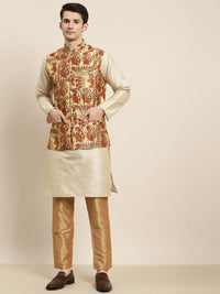 SOJANYA Men Beige Striped Kurta with Pyjamas & Nehru Jacket