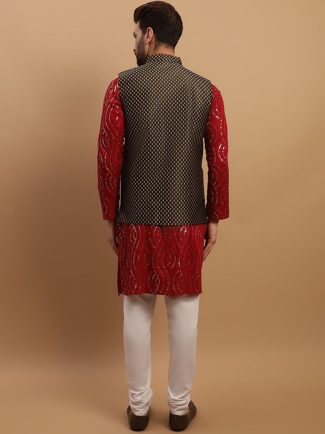 SOJANYA Ethnic Motifs Embroidered Sequined Pure Cotton Kurta with Churidar & Nehru Jacket