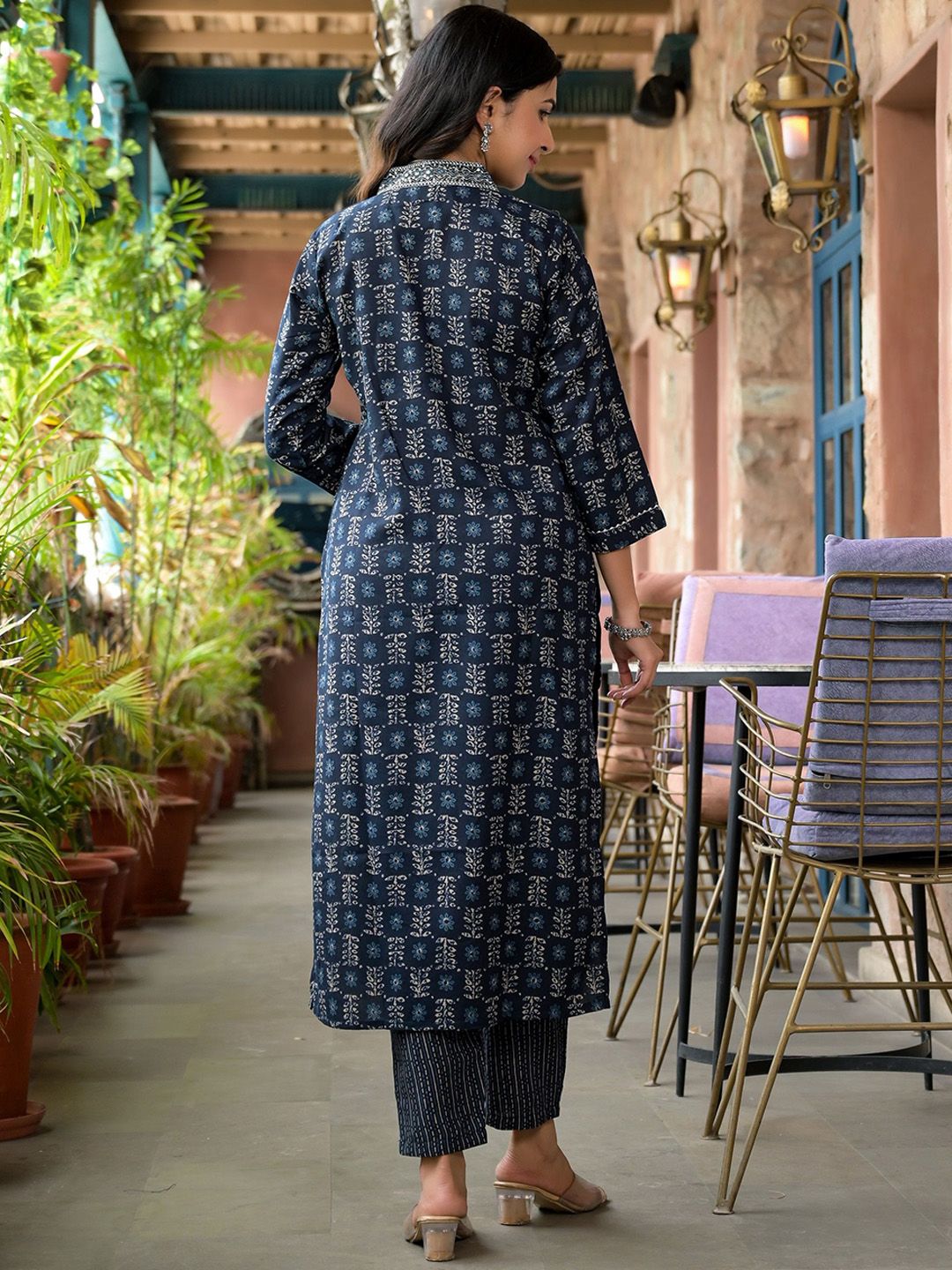 KALINI Floral Printed V-Neck Thread Work A-Line Kurta With Trousers & Dupatta