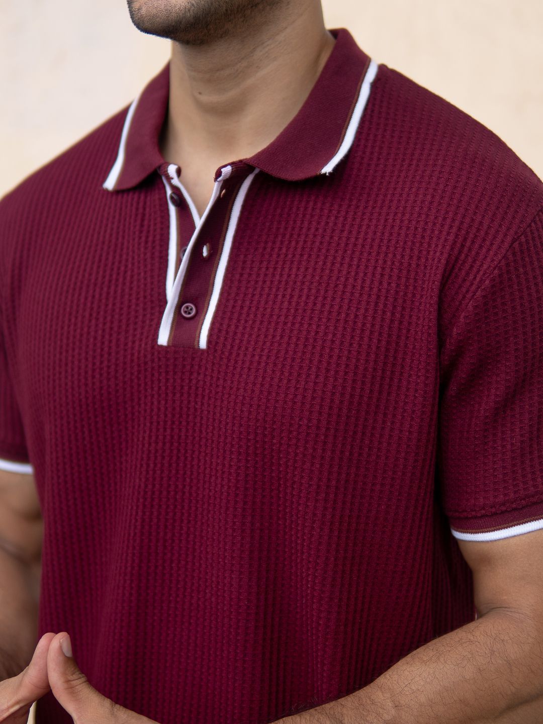 Powerlook Men Maroon Self Design Structured Polo Collar T-shirt