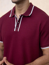 Powerlook Men Maroon Self Design Structured Polo Collar T-shirt